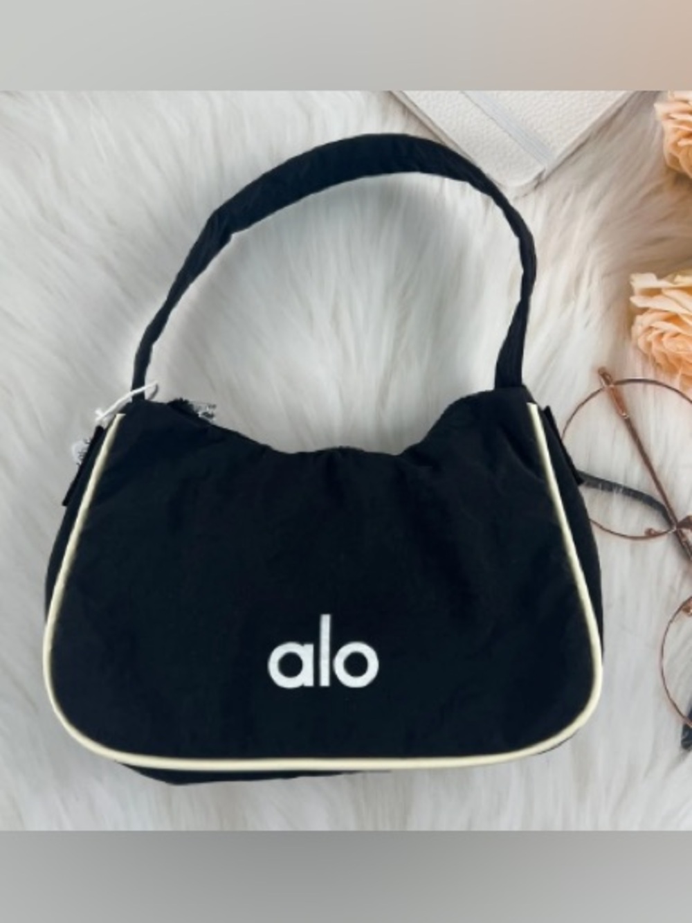 ALO Yoga Black Shoulder Bag with Cream Piping